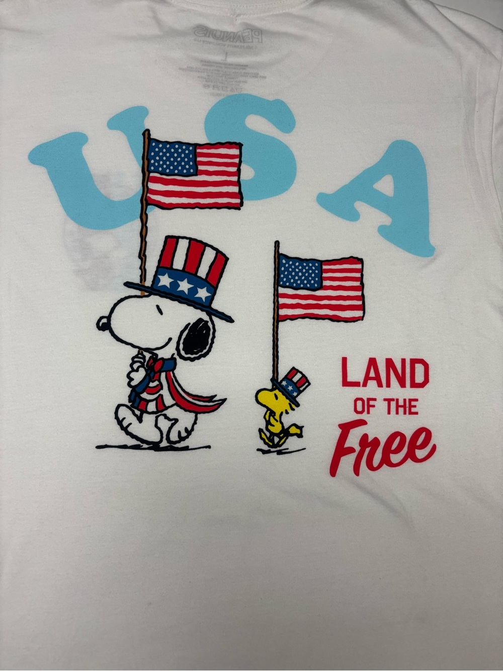 Peanuts White Tee with Snoopy & Woodstock USA Flags